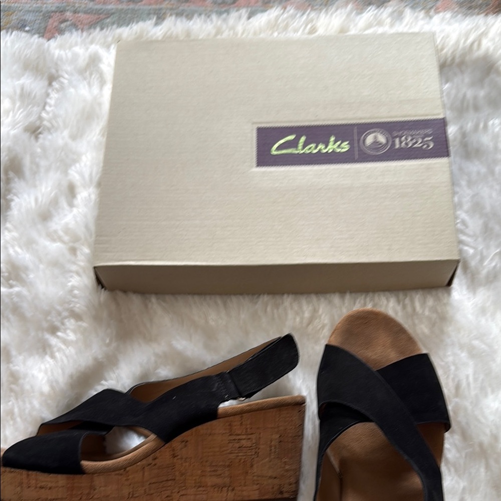 Clarks Black Wedge Sandals with Knotted Design